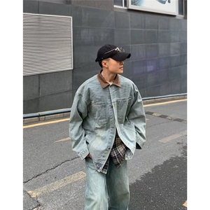 美式复古pu皮拼接牛仔外套男女春秋冬潮牌街头宽松BF翻领工装夹克图片