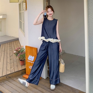 休闲无袖花边背心牛仔阔腿裤套装女2025夏季新款韩系高级感两件套图片