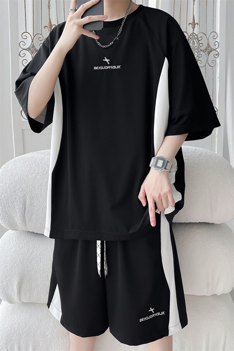 2025夏季新款旋律风车大码冰丝短袖T恤套装M-5XHQ25444-特P50,男装T恤,电商A022