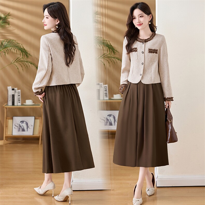 2025秋装新款套装裙优雅小香风短款外套A字半身裙气质显瘦连衣裙，女装套装/套裙，欣贝拉