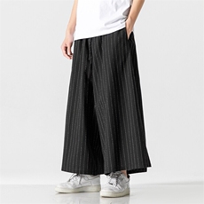 夏九分裤大码日系宽松休闲裤条纹阔腿裤棉麻裤风K333/P70，男装休闲裤，钱塘713