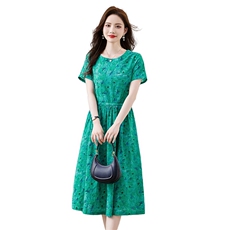 清新绿色碎花棉麻连衣裙女2025夏季新款收腰修身显瘦休闲亚麻裙子，女装连衣裙，倪叶myz