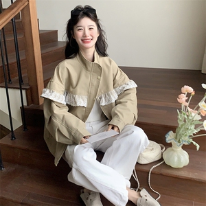 卡其色韩系气质蕾丝花边立领外套女秋高级感穿搭小个子减龄夹克图片