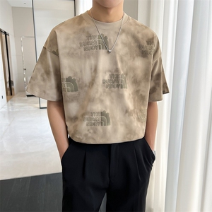 2024轻熟风 复古扎染男士圆领宽松套头潮牌印花短袖T恤TX44/P55图片