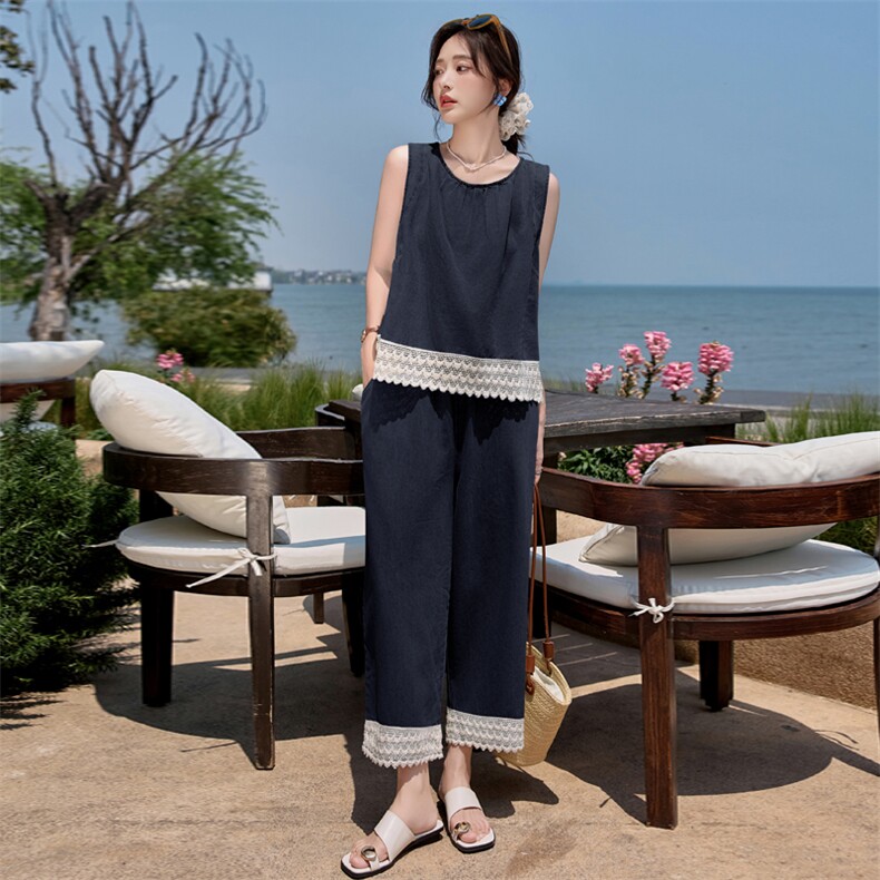 轻熟风蕾丝拼接马甲套装女夏季新款薄款时尚轻奢气质阔腿裤两件套,女装套装/套裙,臻衣坊