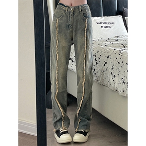 秋季美式ins高街hiphop重工艺水洗毛边牛仔裤货号K712P65图片