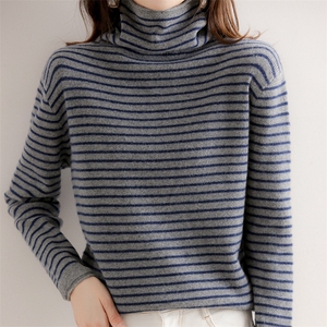 2024年秋季长袖套头时尚气质条纹堆堆领针织衫图片
