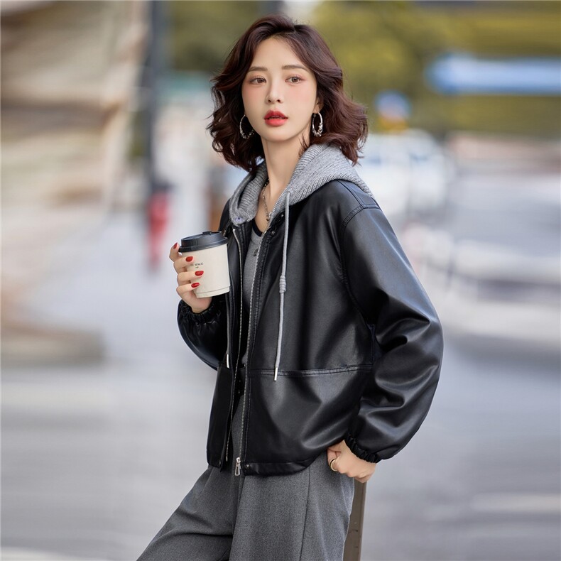 【冬季女装新款】可脱卸毛线帽加绒加厚皮棉P-145，女装皮衣，简古