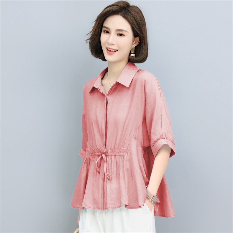 (新品)2024年夏季天丝T恤休闲宽松衬衫中老年妈妈装三年不下架,女装T恤,璐依舞