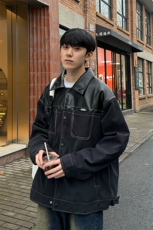 24春季翻领PU皮拼接仿麂皮绒夹克美式撞色痞帅外套Jk07-P85控118，男装夹克，星座218-5