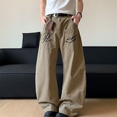 美式复古刺绣字母牛仔弯刀裤女2025夏装新款高个子工装阔腿长裤潮，男装工装外套，星座813-2