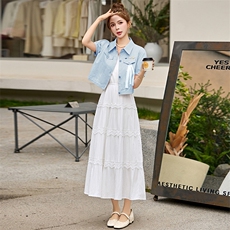 短袖牛仔两件套连衣裙女2025夏季新款外套搭配蕾丝吊带蛋糕裙套装，女装套装/套裙，依路服饰