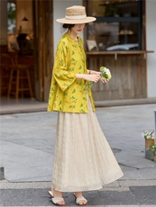 新中式（戏服改良版）印花宽松喇叭袖小衫配裙裤时尚气质两件套女，女装套装/套裙，水衣源