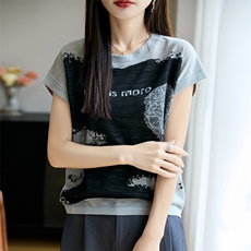 夏季新款14针竹节麻字母拼色短袖女修身显瘦百搭时尚休闲上衣，女装T恤，贵皇网供仓