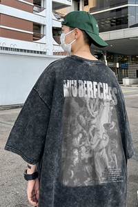 B239-1181-P38 抽象个性印花 美式复古水洗做旧 落肩袖 短袖T恤图片