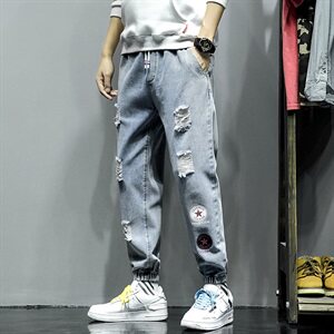 2021春季新日系大码男美式束脚星标印花破洞牛仔九分裤N8100-P55