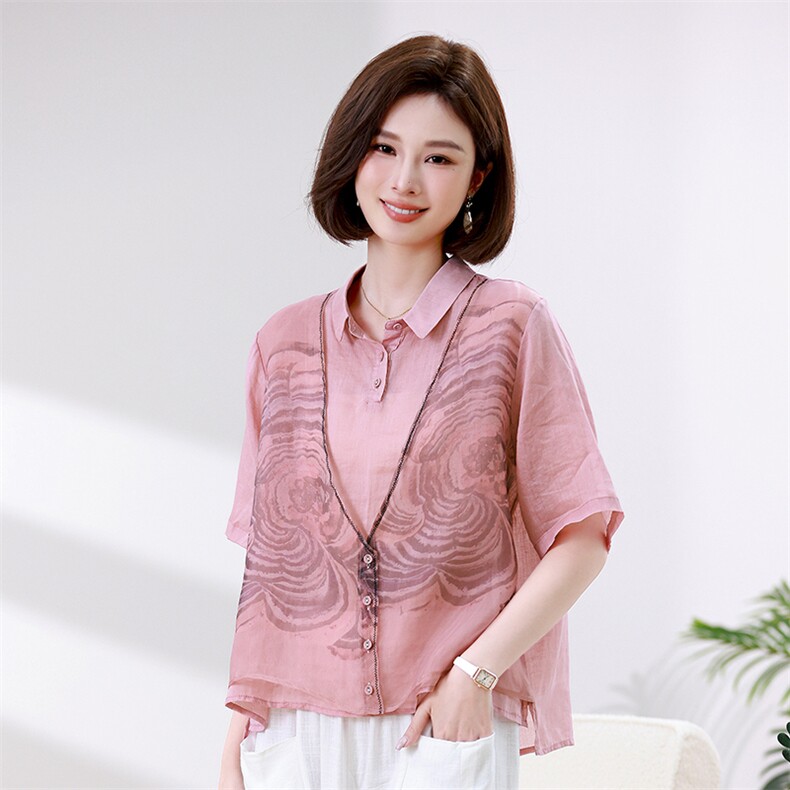 高端纯苎麻衬衫女2024新款夏季高级感中年妈妈气质假两件上衣小衫,女装衬衫,叶笙衣
