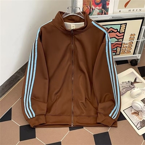 美式复古三条杠立领夹克男秋季潮牌宽松拉链情侣开衫外套Q73/P46图片