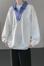 WY10153-特P48控88小众撞色面料拼接格子假两件大码男宽松卫衣，男装卫衣，电商A059