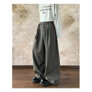 打褶拼接直筒西裤男女复古老钱阔腿长裤潮KZ06-P72图片