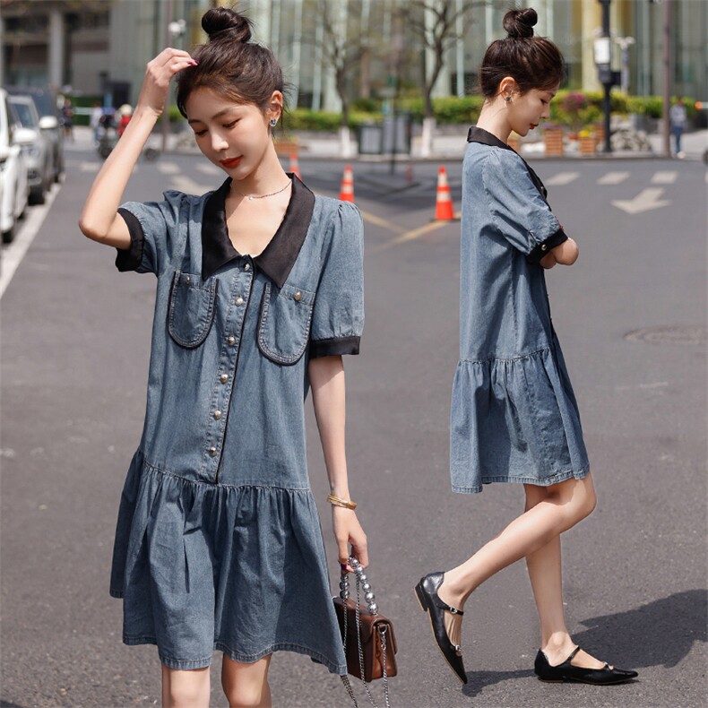 现货2023时尚牛仔连衣裙撞色衣领修身韩版气质中长款，女装连衣裙，钱塘布衣
