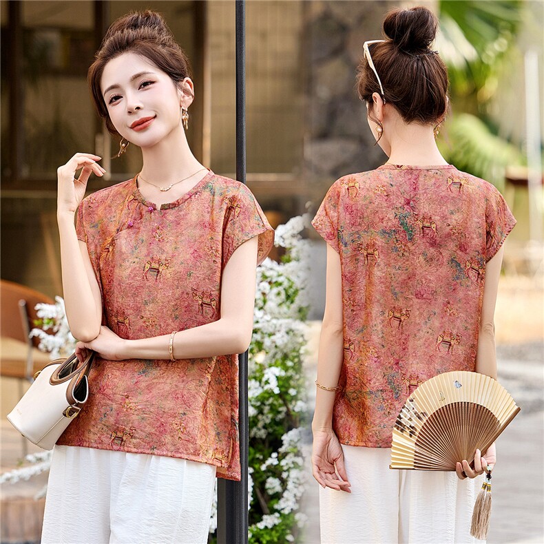 现货简约时尚精致细边中式圆领人丝凉爽夏季丝麻巨好看两件套香云，女装套装/套裙，木橙西子