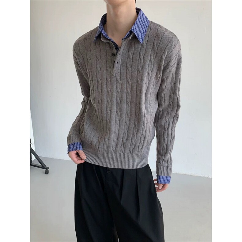 美式复古绞花假两件v领毛衣休闲百搭老钱风针织衫上衣ZZS149p75,男装针织衫/毛衣,电商D256