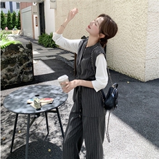 灰色条纹西装马甲套装裤2025新款女秋老钱风好韩系chic别致三件套，女装套装/套裙，2C262