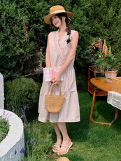 浅粉色木耳边无袖连衣裙女2025夏季新款韩系小个子甜美减龄背心裙，女装连衣裙，浙宝220