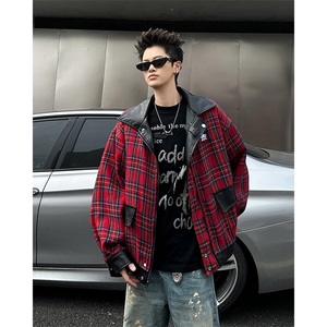 两面穿格子皮衣外套男女春秋高级感机车PU皮夹克上衣JK09352-P85图片