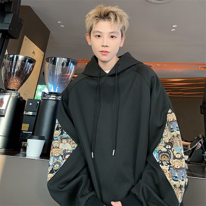 特批P35无差价25春新小熊刺绣拼接连帽卫衣男设计感港风外套W2319,男装卫衣,电商A001