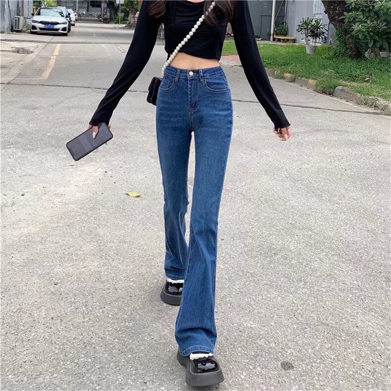 新款修身显瘦牛仔裤女古着复古显腿长微喇叭裤子,女装牛仔裤,中性港风女装