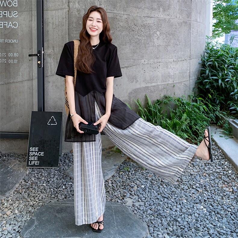 网纱背心条纹阔腿裤套装女夏2025新款又酷又飒穿搭两件套爆款洋气图片