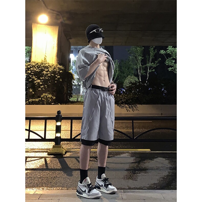 B221美式ins高街暗黑小众假两件休闲短裤五分裤LK23062-P55控78,男装休闲裤,电商B221