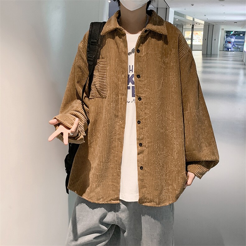 原宿风秋季灯芯绒长袖衬衫潮流百搭情侣宽松翻领衬衣W2029-P30,男装衬衫,星座512-4