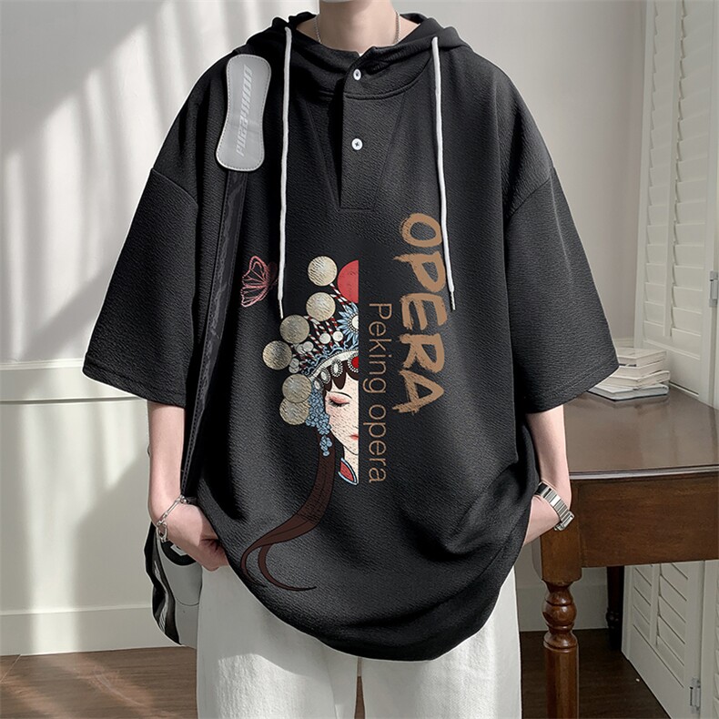 京剧脸谱连帽短袖t恤男大码胖子带帽五分袖中袖LD54161-P45,男装T恤,电商A040