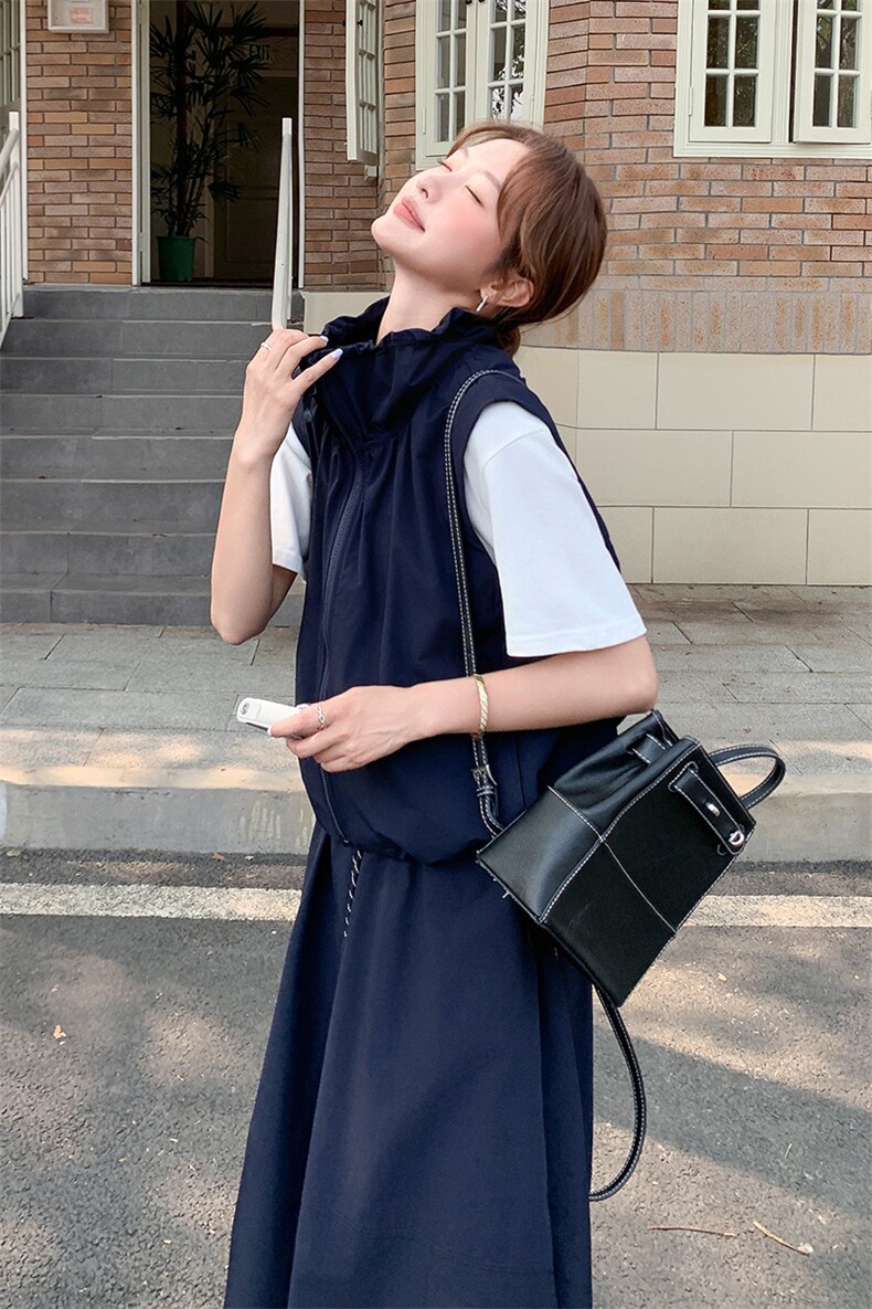 藏青色工装休闲套装裙女2025夏季新款韩系慵懒风马甲半身裙两件套,女装套装/套裙,2C316