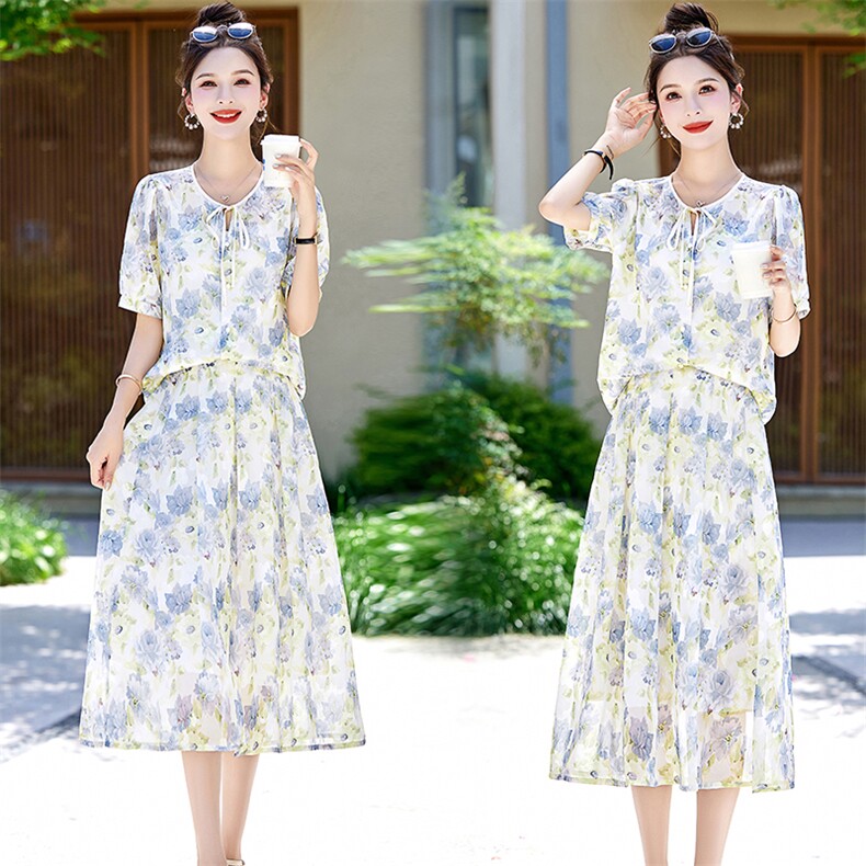 温柔风印花时尚套装裙女2024夏新款名媛气质上衣高腰半身裙两件套，女装套装/套裙，姿衣坊