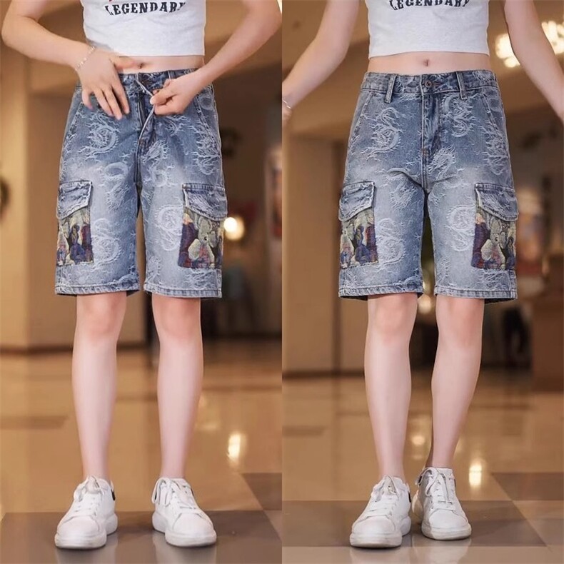美式重磅牛仔短裤男潮牌修身印花工装五分裤高级感百搭休闲中裤子,男装牛仔裤,星座506A