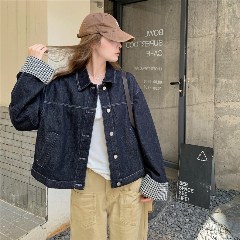 牛仔外套格子撞色翻袖2C016-501-P155-K228,女装短外套,2C016