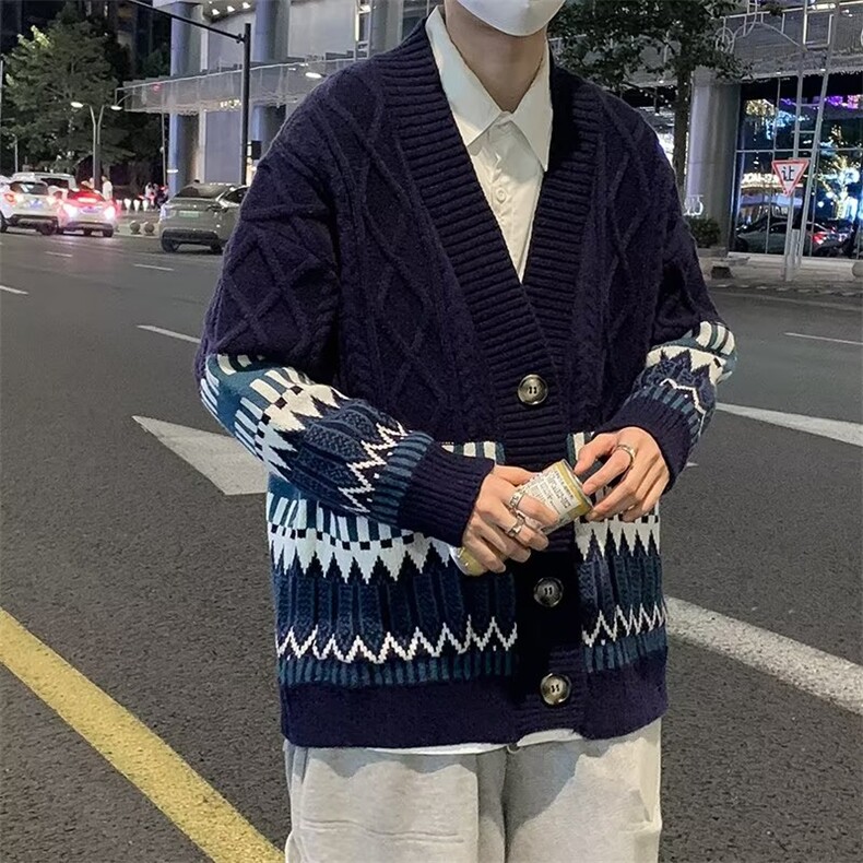 2022撞色针织衫提花毛衣外套男开衫慵懒风百搭宽松上衣M594-P54,男装针织衫/毛衣,星座512-2