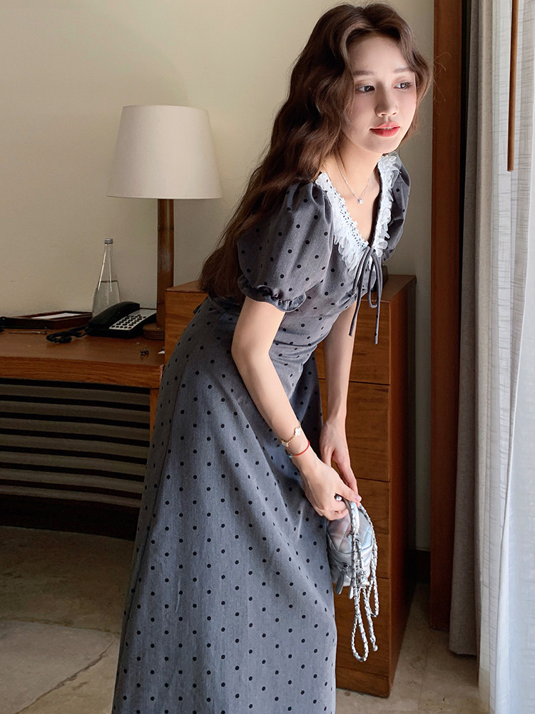 灰色波点泡泡袖连衣裙女2025夏季新款甜辣风设计感收腰显瘦长裙潮,女装连衣裙,浙宝305