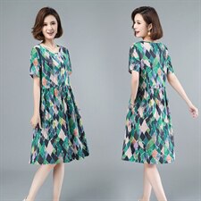 2021年夏季中长款通勤韩版套头A字裙民族风连衣裙印花高腰裙短袖，女装连衣裙，伊满意