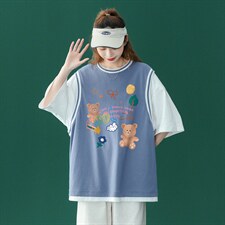 中性春夏新款宽松假两件撞色小熊涂鸦上衣短袖T恤T6603P40控55，男装T恤，电商A268