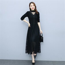 2023秋季半高领镂空线衣配蕾丝长款打底连衣裙，女装连衣裙，安之芮娜