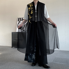 夏装2025新中式轻风原创改良长款长衫马甲竹子刺绣演出服男女，男装背心/马甲，星座909
