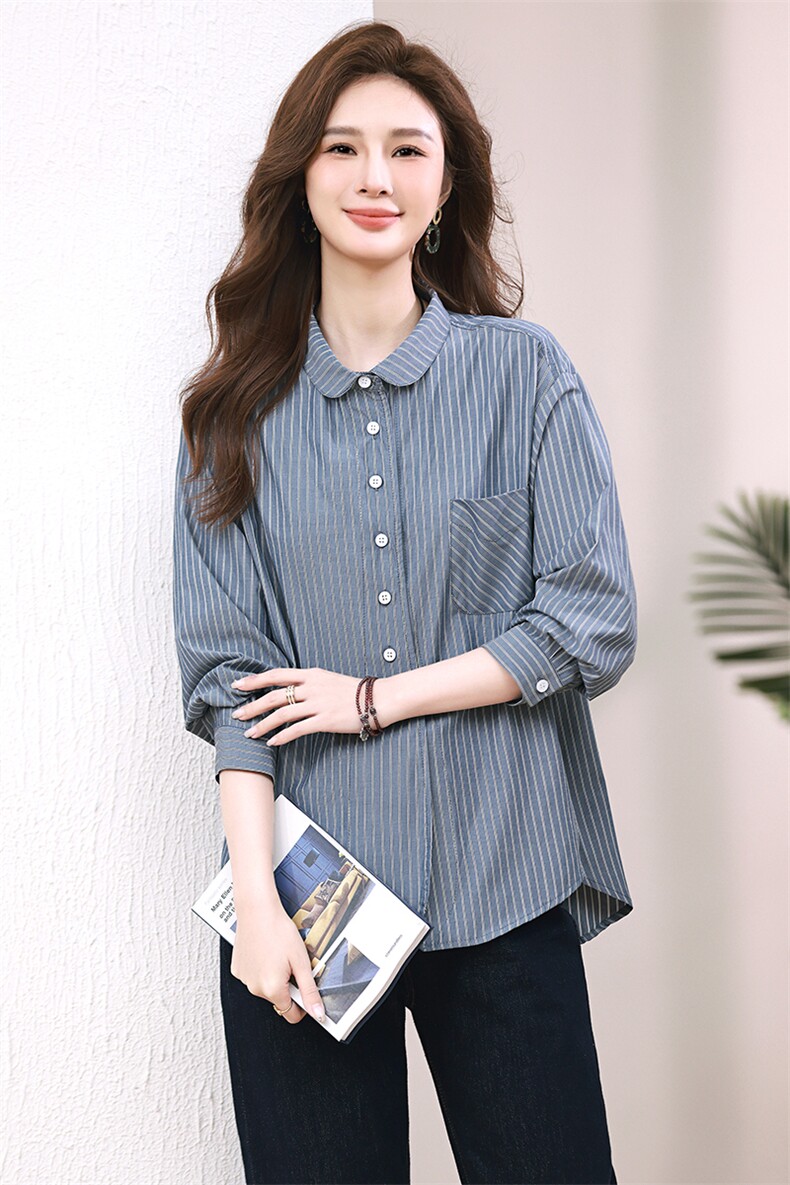 纯棉套头条纹衬衫女长袖2024春秋新款宽松时尚休闲显瘦衬衣女上衣,女装衬衫,小林双子
