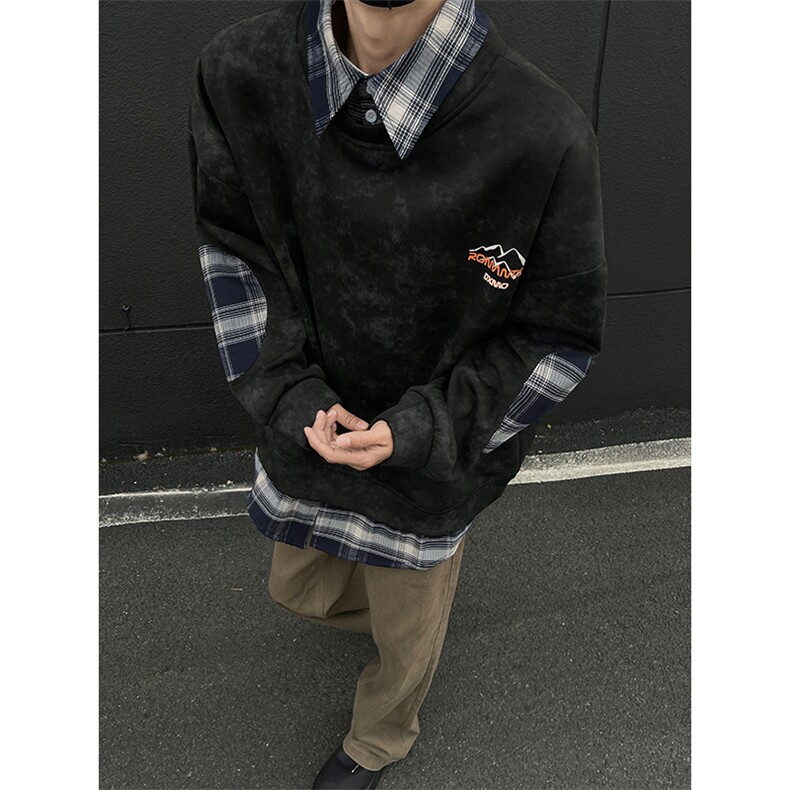 现货WY10095-P58加绒P68扎染撞色拼接格子假两件卫衣,男装卫衣,电商A059