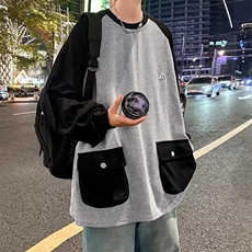 秋款男圆领套头卫衣工装大口袋华夫格贴标拼色T恤外套W023-P50，男装T恤，星座1109-3