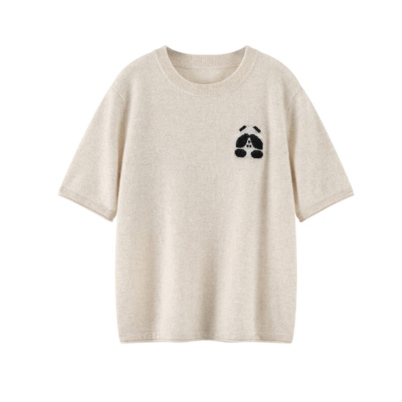 2025年秋季圆领熊猫短袖时尚，女装T恤，致织羊绒